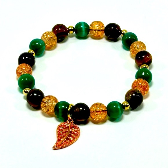Handmade Fall Leaf Charm Bracelet Featuring Natural Cat Eye & Tiger Eye Stones! - Picture 3 of 4